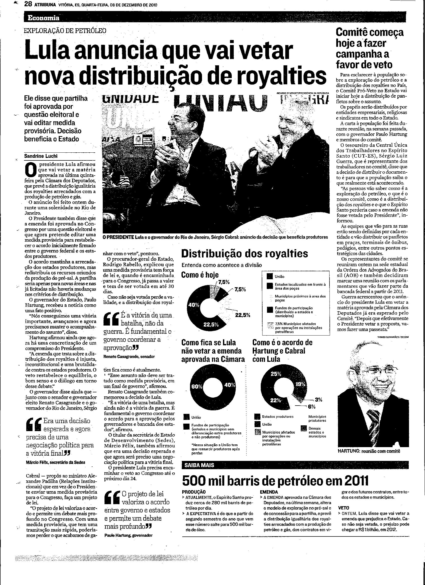 Lula anuncia que vai vetar nova distribuição de royalties